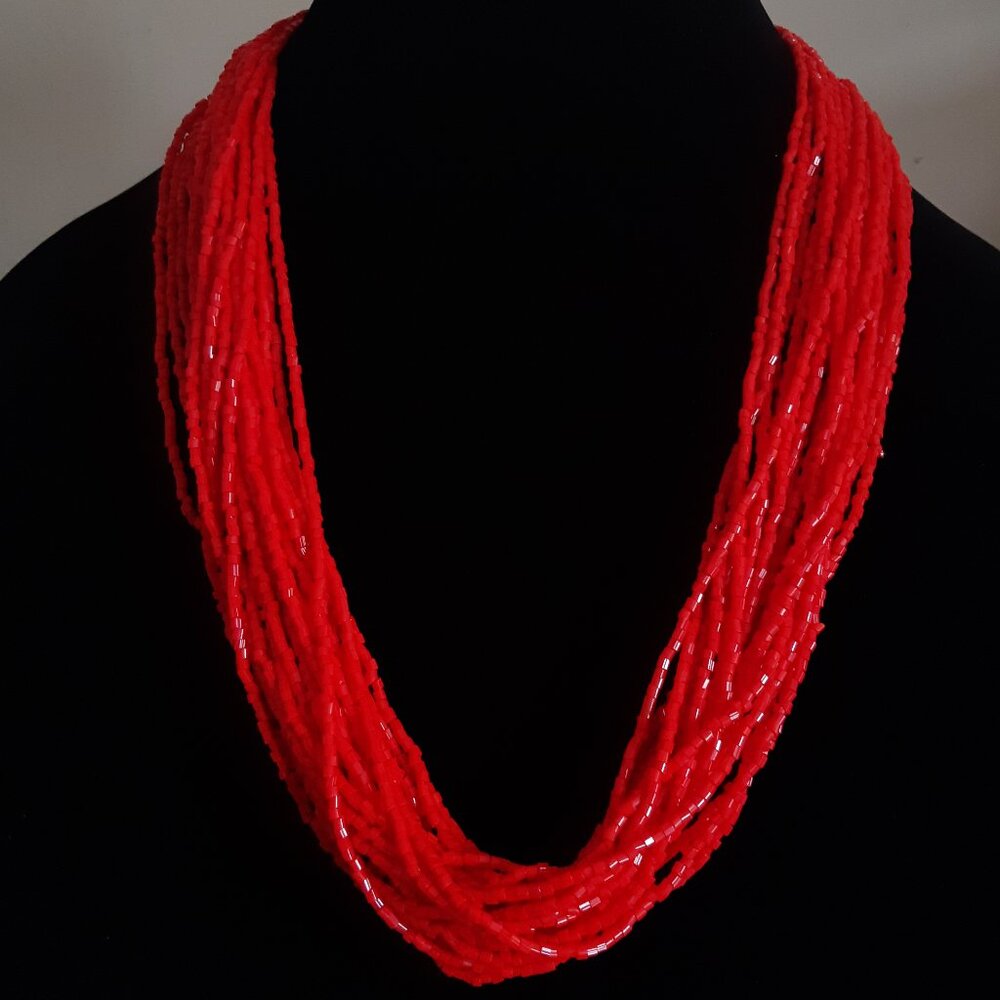 1950s 24 Strand Torsade Art Deco Style Necklace Vivid Red Glass Bugle Beads
